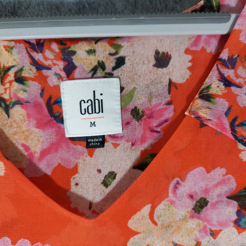Cabi Women Top M Red Floral Boho Cold Shoulder Ruffle Flutter Sleeve Chiffon - Picture 4 of 12